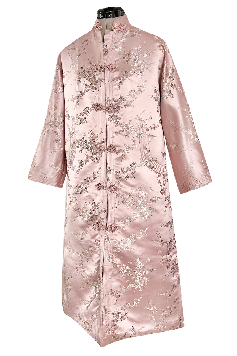 Prettiest 1960s Pink Silk Embroidered Asian Evening Coat w Top Stitched Cuffs & Collar