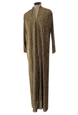 Classic 1970s Halston Metallic Gold Lame Lurex Full Length Caftan Dress w Notched Neckline