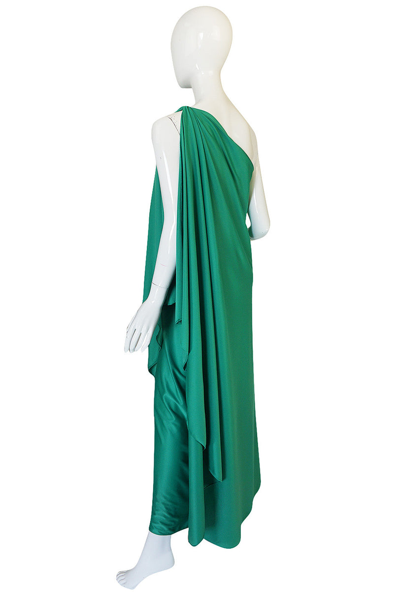 1970s Halston One Shoulder Jersey Green Dress