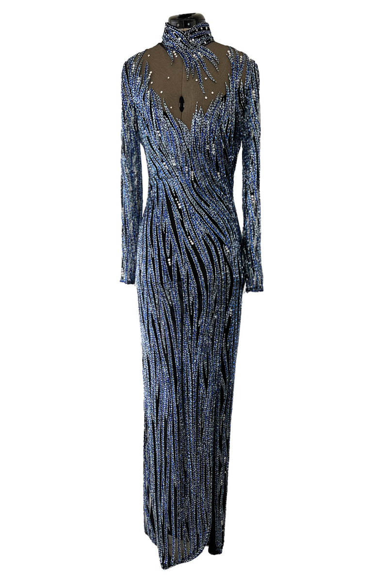 Incredible 1980s Bob Mackie Blue & Silver Beaded & Sequin Dress on Black Net