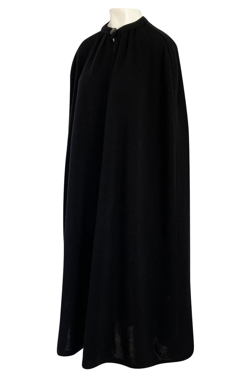 1970s Yves Saint Laurent Fine Black Wool Jersey Minimalist Cape w Button Neck