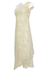 1970s Stavropoulos Gold Metallic & Ivory Lace One Shoulder Dress