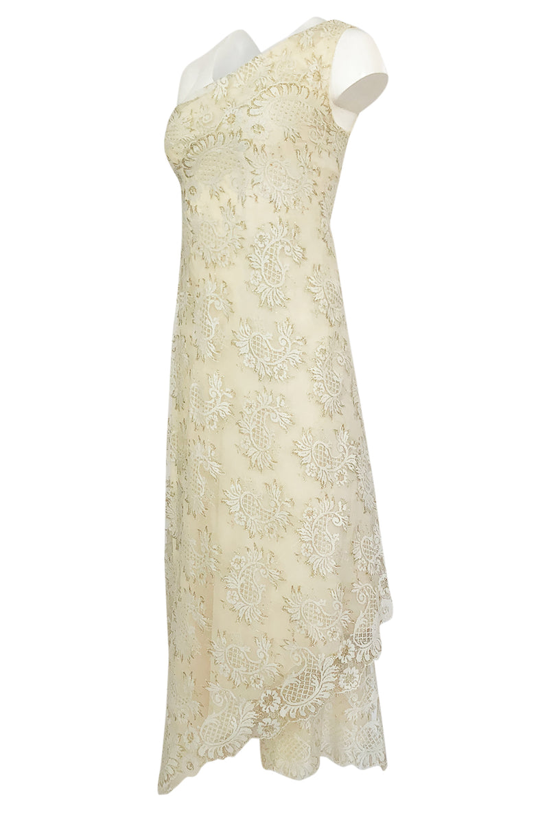 1970s Stavropoulos Gold Metallic & Ivory Lace One Shoulder Dress