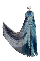 1974 Thea Porter Couture Documented 'Wave' Print Silk Chiffon Backless Dress