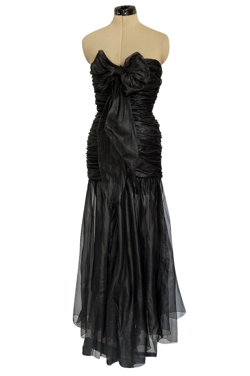 Fabulous 1980s Chloe Black Silk Organza Strapless Dress W Large Bow Detailing