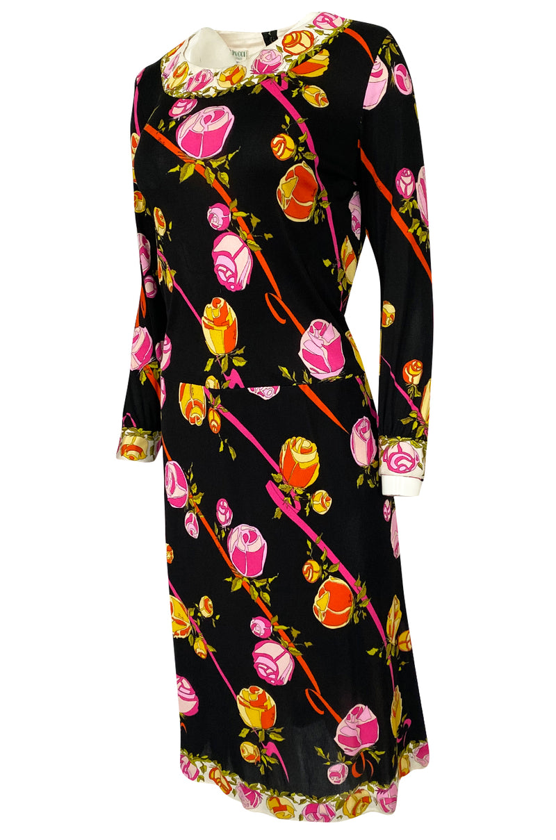1960s Emilio Pucci Prettiest Pink Floral Print & Black Silk Jersey Dress