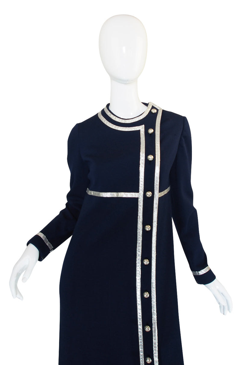 1960s Geoffrey Beene Deep Blue & Graphic Silver Trim Dress