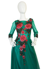 Vintage Trained Emerald Green Lace Tulle Gown w Floral Applique
