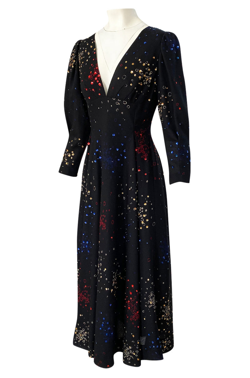Incredible 1970s Pauline Trigere Hand Painted & Sequin Detailed Dress