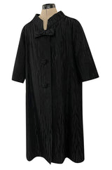 Minimalist 1960s Marty Modell Black Silk Jaquard Brocade Coat w Bow Detail