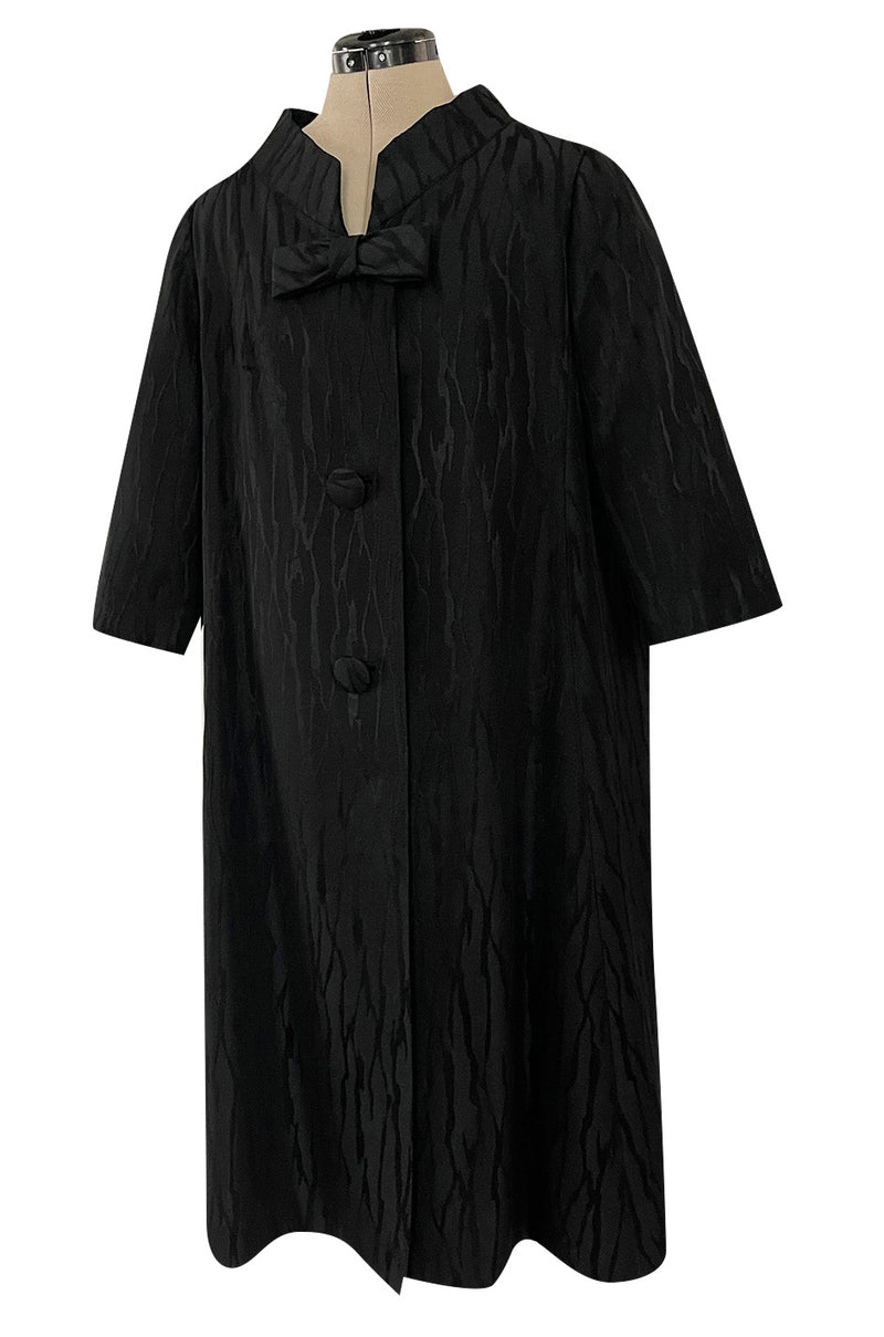 Minimalist 1960s Marty Modell Black Silk Jaquard Brocade Coat w Bow Detail