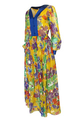 1970s Givenchy Silk Chiffon Floral & Metallic Heart Print Dress