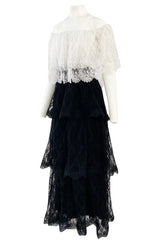 Prettiest 1970s Alfred Bosand Black & White Lace Tiered Off Shoulder Full Length Dress