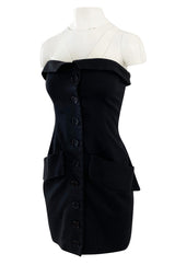 Spring 1985 Yves Saint Laurent Black Cotton Button Front Strapless Mini Dress w Pockets