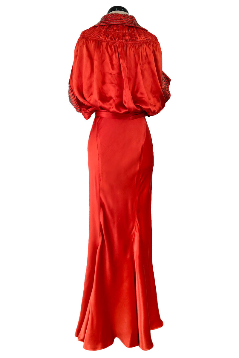 Gorgeous 1930s Coral Red Bias Cut Dress w Back Cut Outs & Matching Beaded Jacket