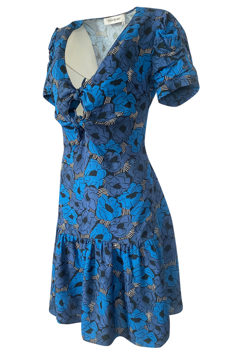 Resort 2012 Yves Saint Laurent Tie Front Blue Print Crepe Dress