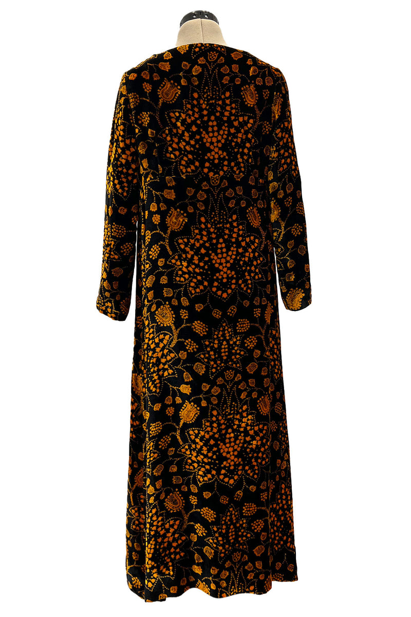 Amazing 1975 Thea Porter Printed Burnt Gold & Black Silk Velvet Caftan Dress
