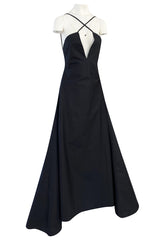 1990s Calvin Klein Black Front Plunge Halter Dress w No Back and Long Full Skirt