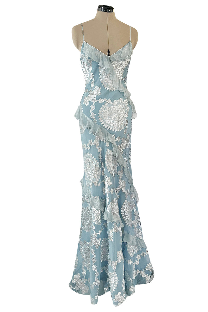 Iconic Fall 2004 John Galliano Bias Cut Blue Dress w Ruffles & Metallic Silver Detailing