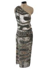 Spring 1981 Unlabeled Halston One Shoulder Silver Sequin & Black Silk Chiffon Dress