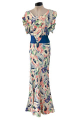Romantic 1930s Floral Print Bias Cut Silk Dress w Ruffle & Blue Ribbon Detailing