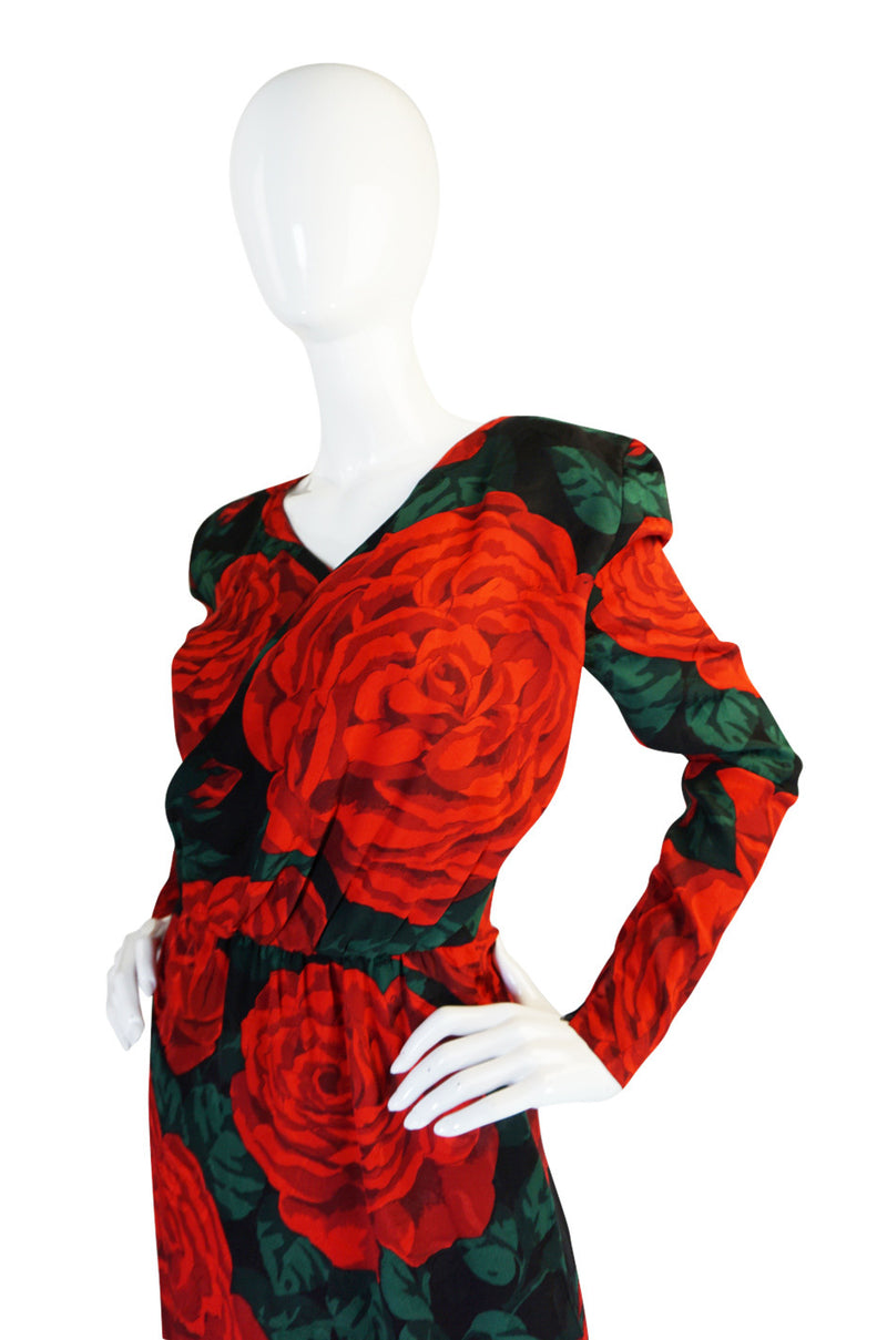 Fall 1985 Huge Rose Print Silk Valentino Dress