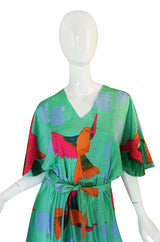 1970s Hanae Mori Green & Tropical Bird Caftan Dress