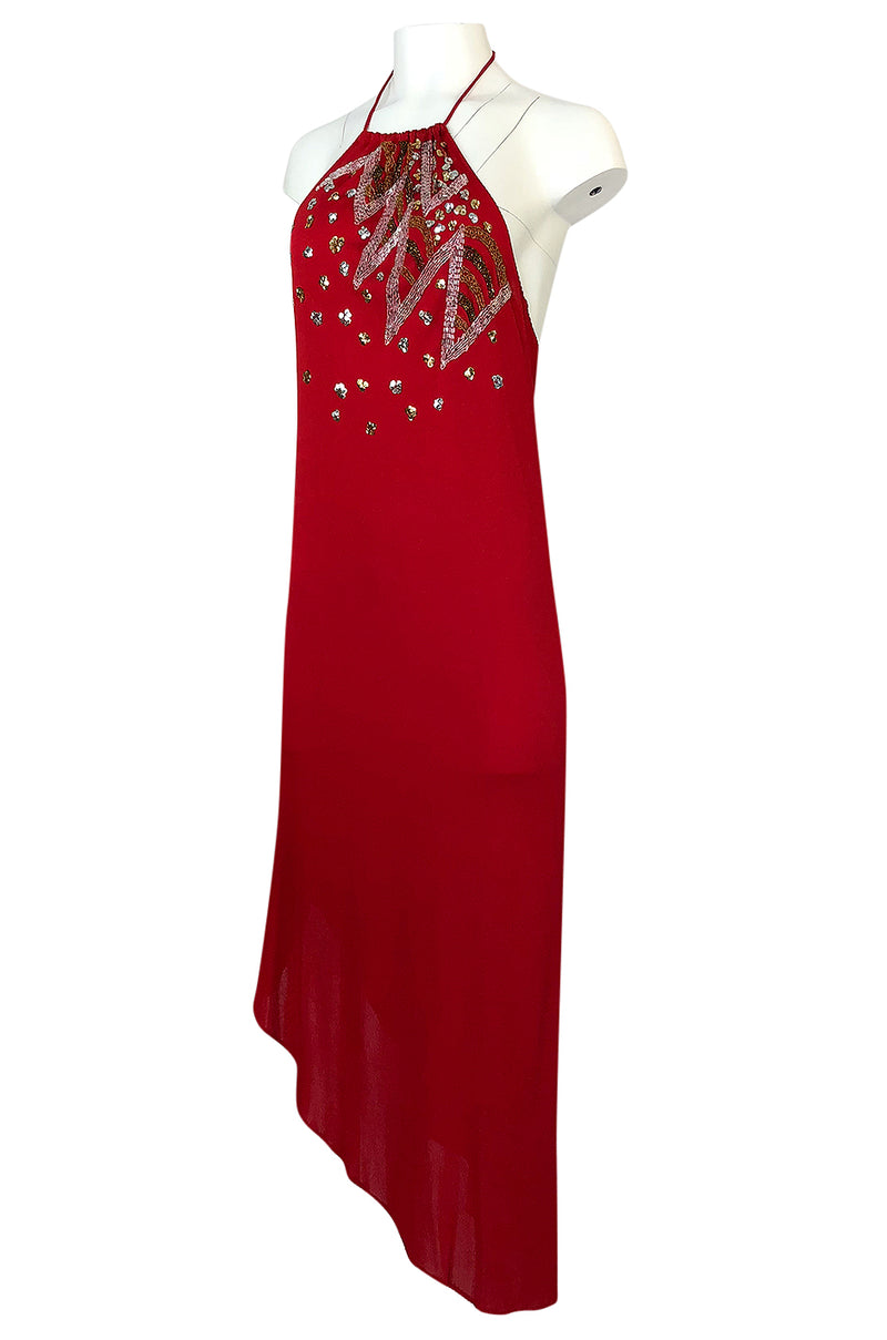 1970s Stephen Burrows Red Jersey Hand Beaded & Sequin Jersey Dress