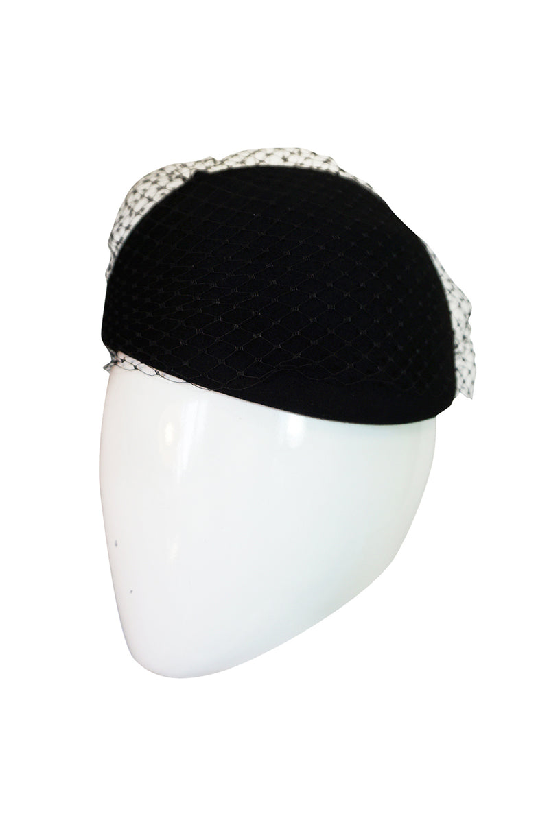 1970s Halston Black Felt and Netted Rounded Pill Box Hat