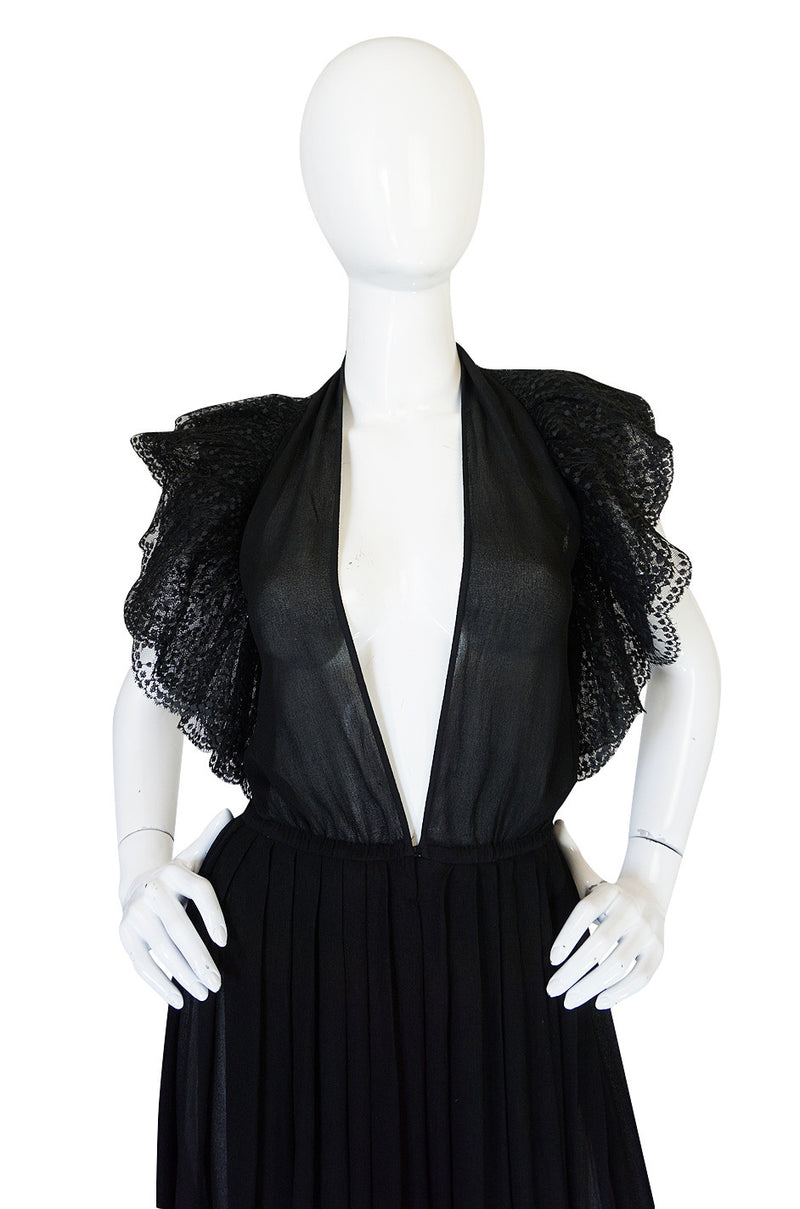 1970s Plunging Silk Chiffon & Lace Couture Galanos Gown