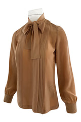 1970s Chanel True Haute Couture Pleated Front Silk Top w Bow & French Cuffs