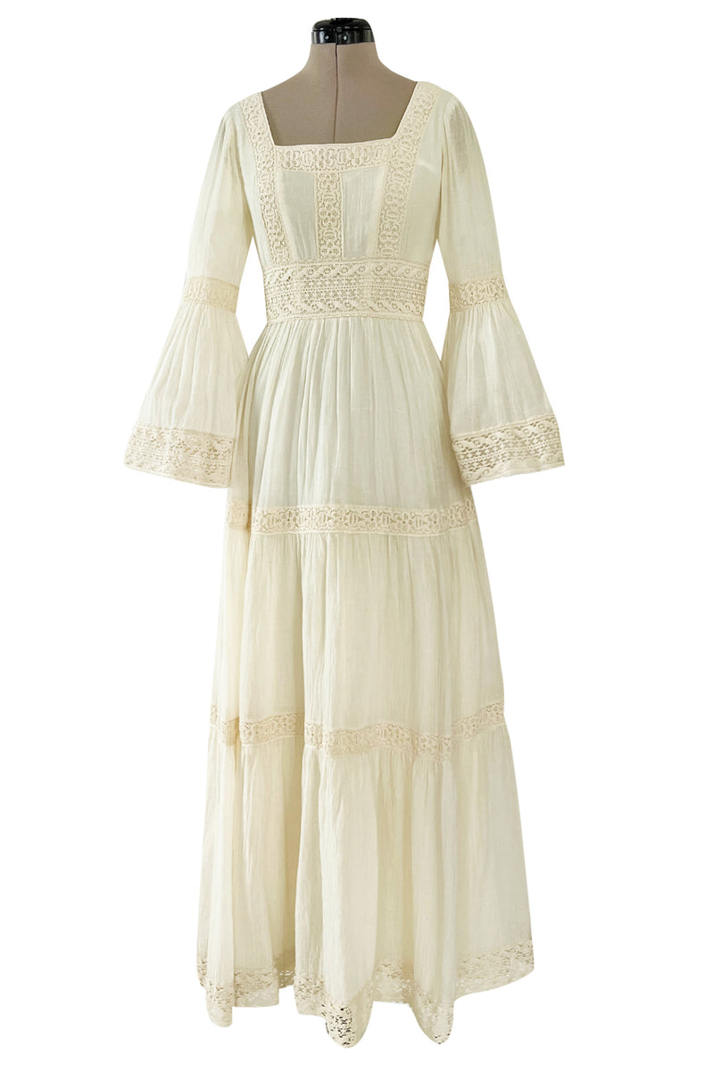 Romantic 1970s Victor Costa Mexican Wedding Dress Feel Ivory Cotton Gauze & Lace  Dress