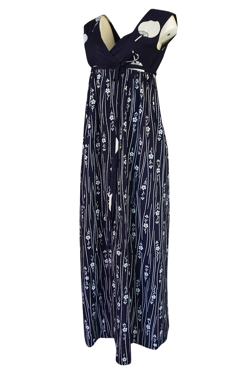 Spring 1977 Hanae Mori Fan & Flower Print Blue Yukata Cotton Dress
