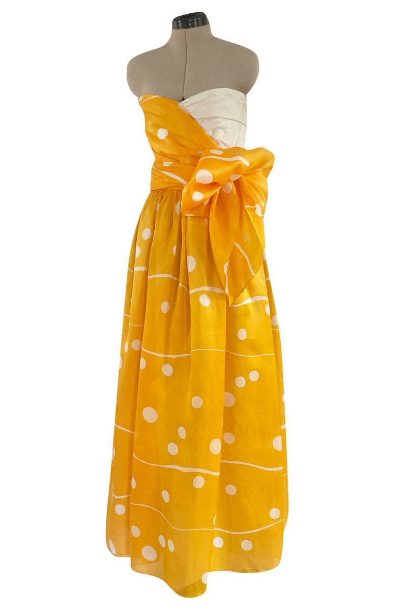 Spring 1985 Bill Blass Dotted Yellow & White Silk Organza Ad Campaign Strapless Dress
