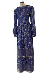 Demi-Couture 1970s Lanvin by Jules-Francois Crahay Blue Net Dress w Metallic Gold Detailing