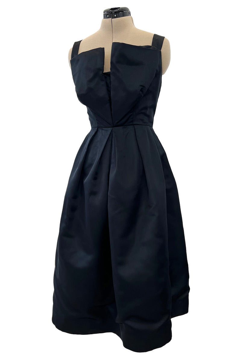 Prettiest 1950s Marshall Field Black Silk Cocktail Dress w Unusual Bodice Detailing