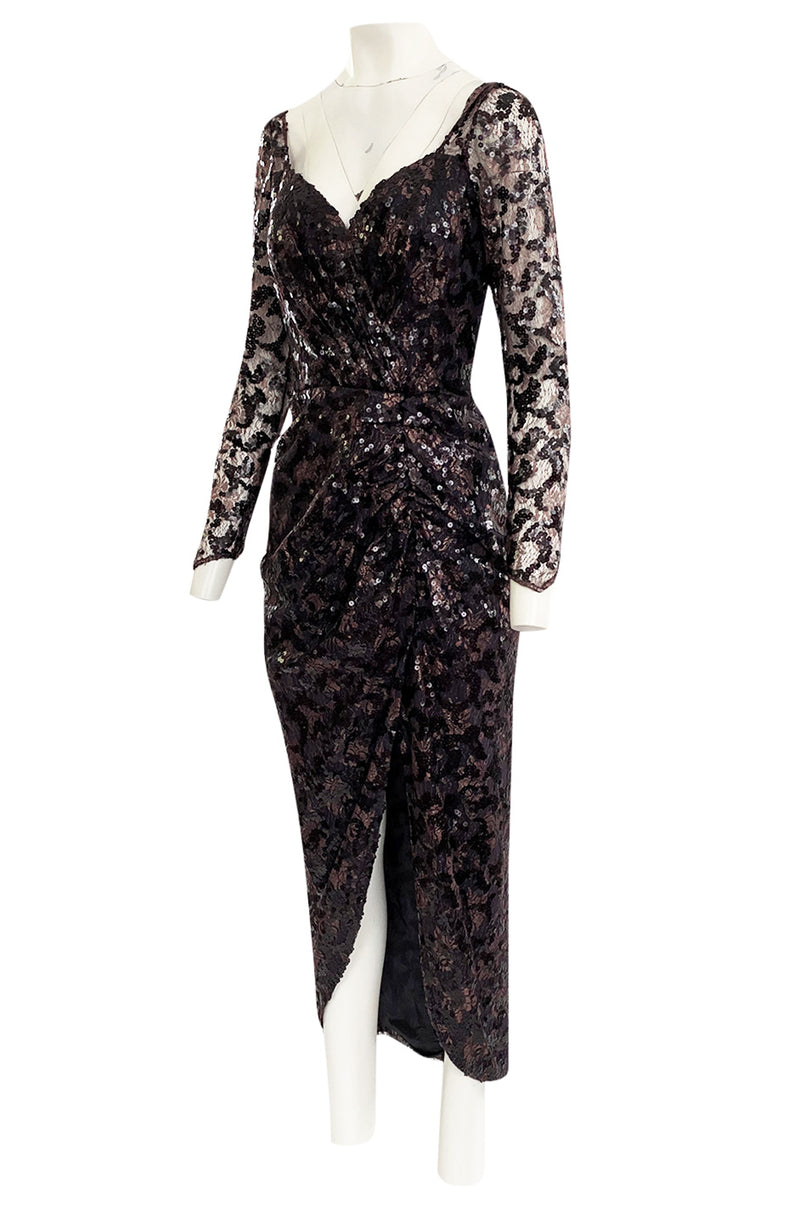 1980s Vicky Tiel Couture Fitted Metallic Net Dress w Extensive Black Sequin Detailing