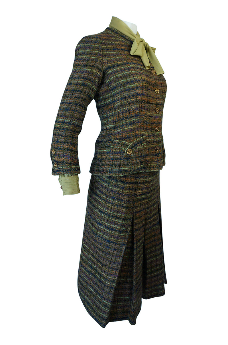 Museum Held Fall 1977 Chanel True Haute Couture Three Piece Green Boucle Skirt Suit