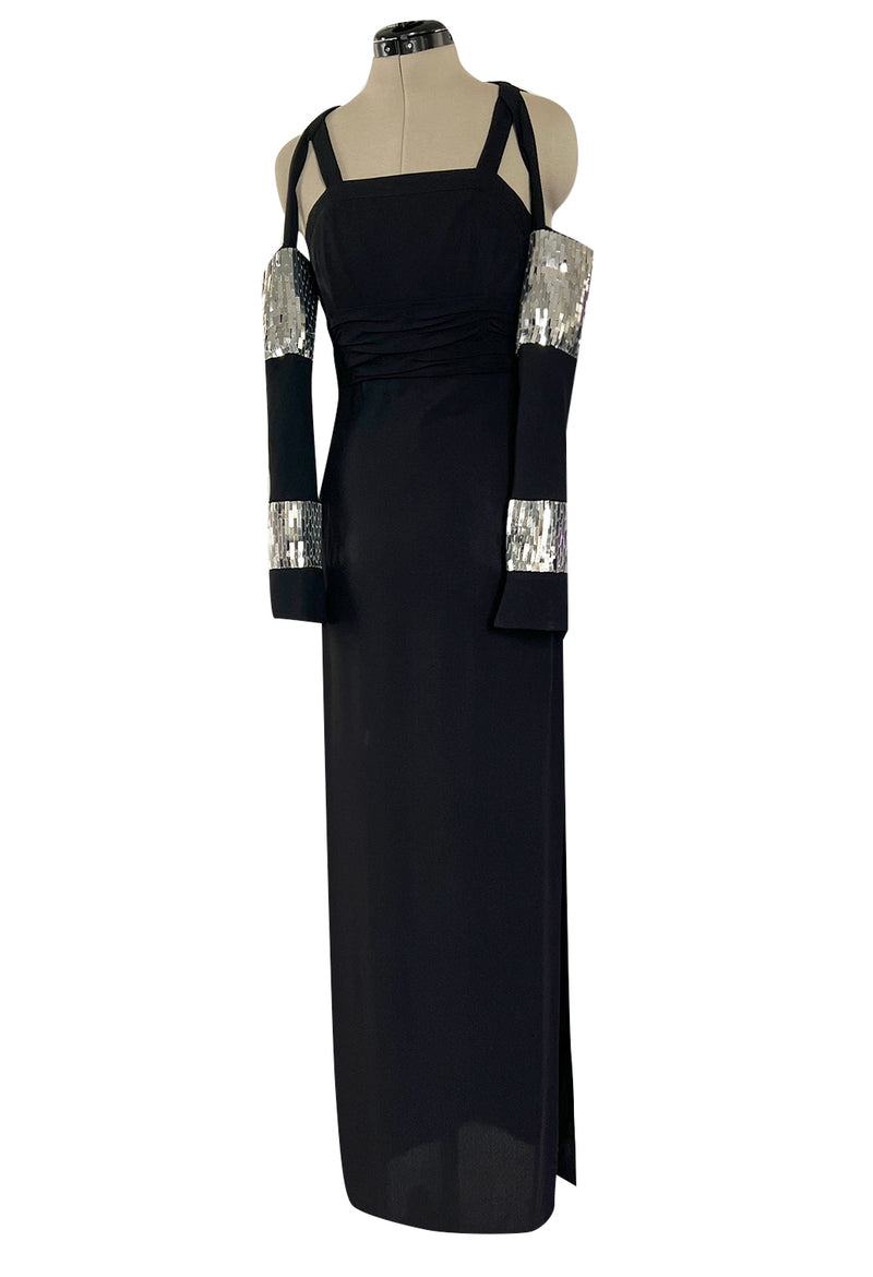 Avent Garde Fall 1991 Karl Lagerfeld Suspended Sleeve Dress w Flat Silver Sequin Detailing