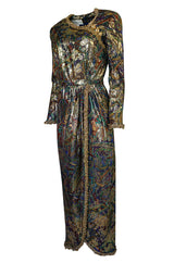 Fall 1990 Oscar de la Renta Printed Metallic Silk Dress w Brass Bell Edging