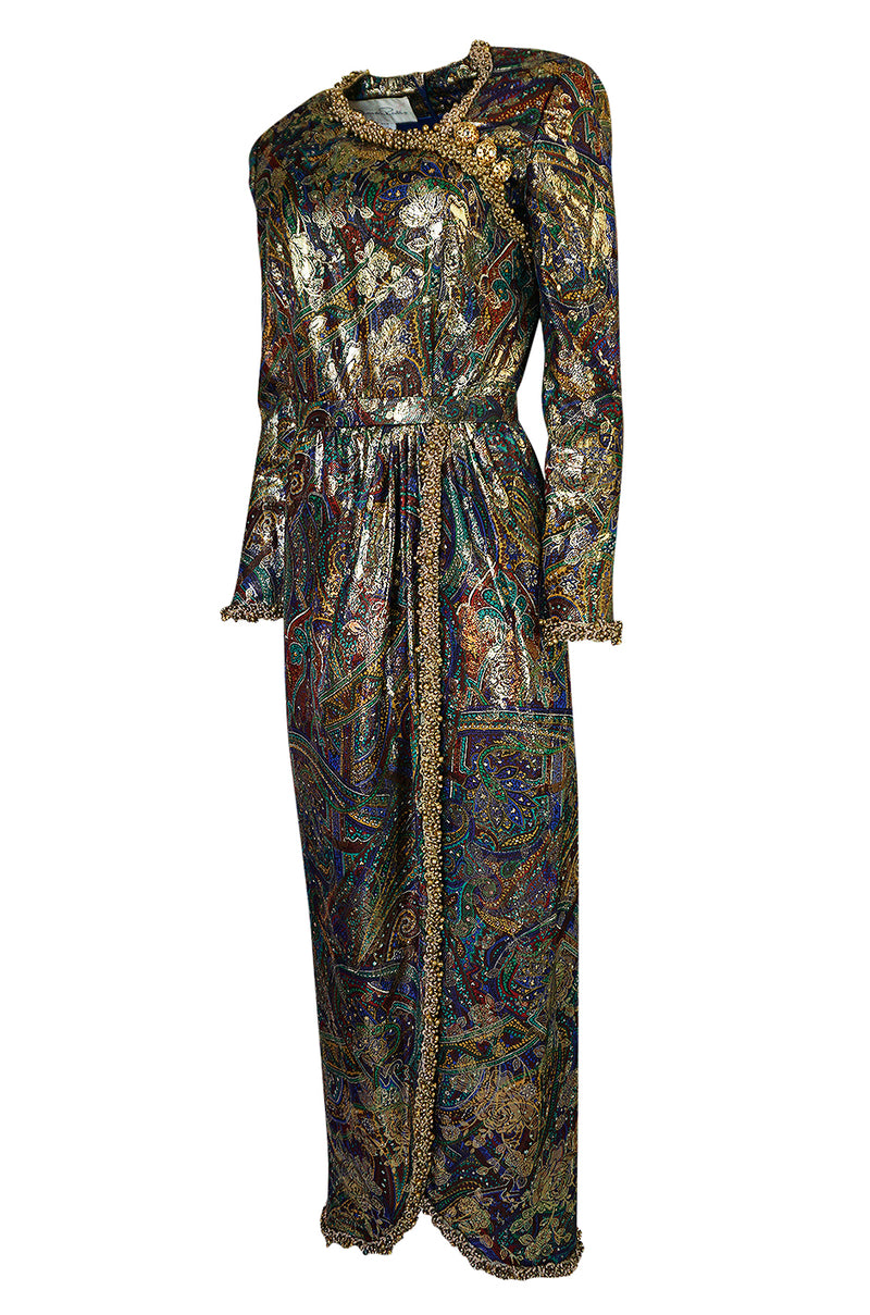 Fall 1990 Oscar de la Renta Printed Metallic Silk Dress w Brass Bell Edging