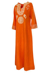 1960s Hand Applied Cord & Mirror Detailed Orange Cotton Caftan Dress