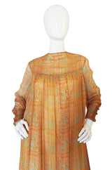 1970s Treacy Lowe Peach Print Silk Chiffon Caftan Dress