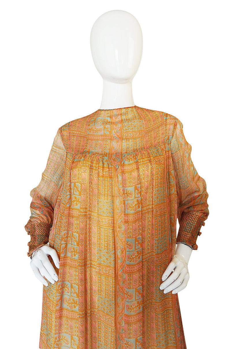 1970s Treacy Lowe Peach Print Silk Chiffon Caftan Dress