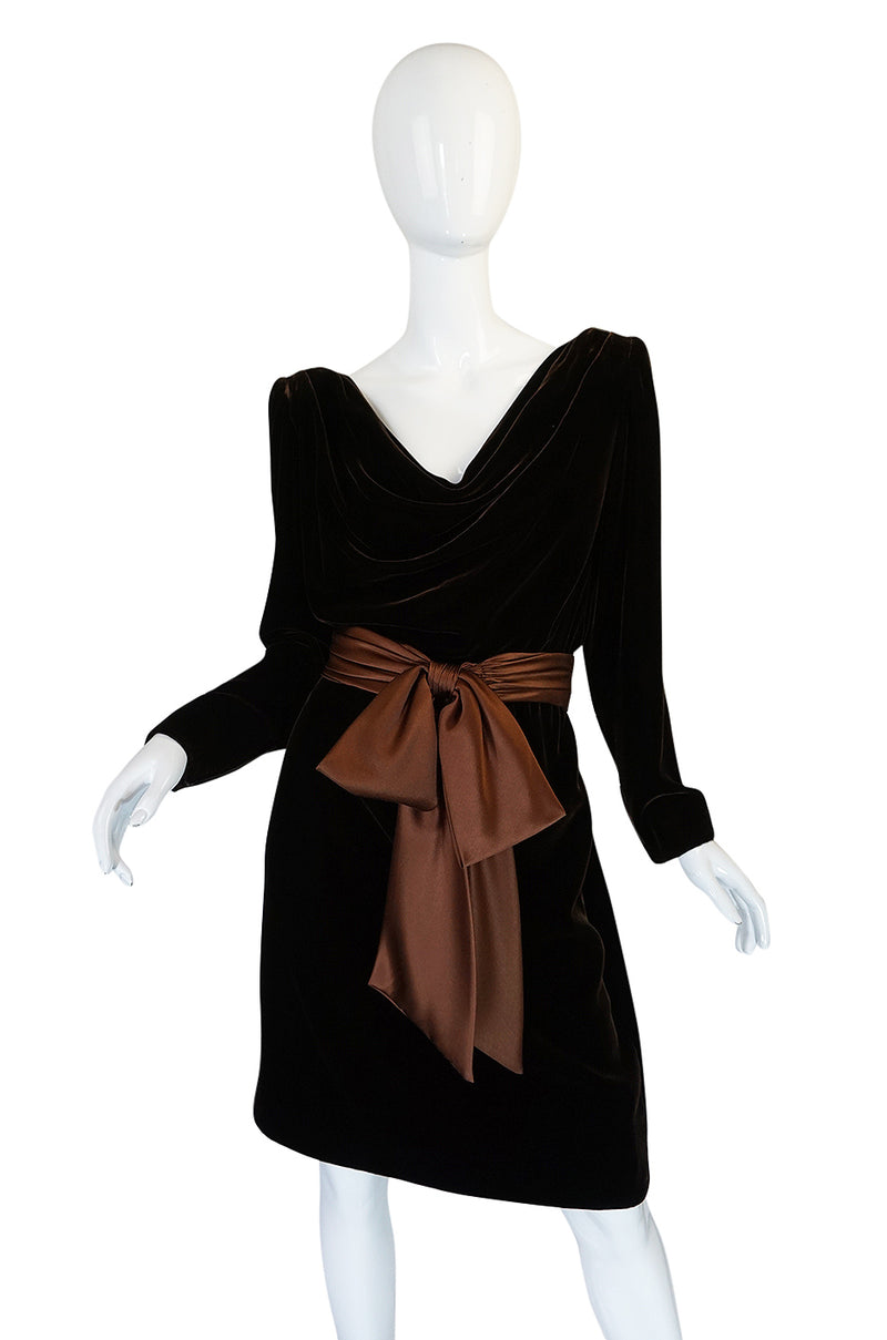 c1983 Hubert de Givenchy Haute Couture Velvet Dress w Silk Bow