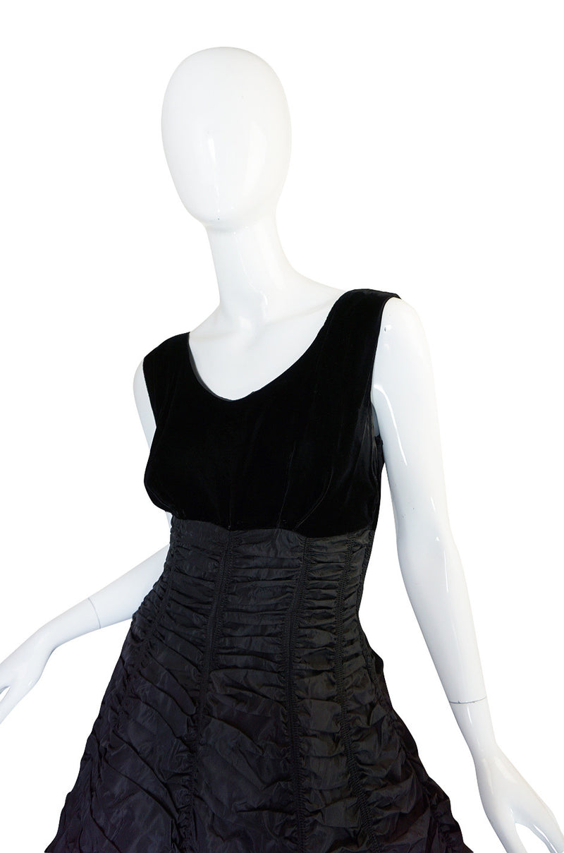 1950s Black Silk Taffeta & Velvet "Coffin Drape" Dress