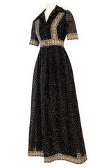 Late 1960s Oscar De La Renta Gold Metallic Eyelash Silk Organza Dress w Silver Metallic Detailing