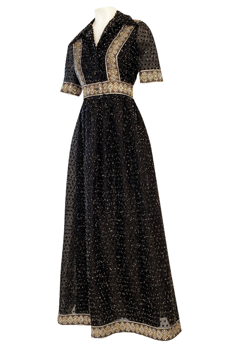 Late 1960s Oscar De La Renta Gold Metallic Eyelash Silk Organza Dress w Silver Metallic Detailing