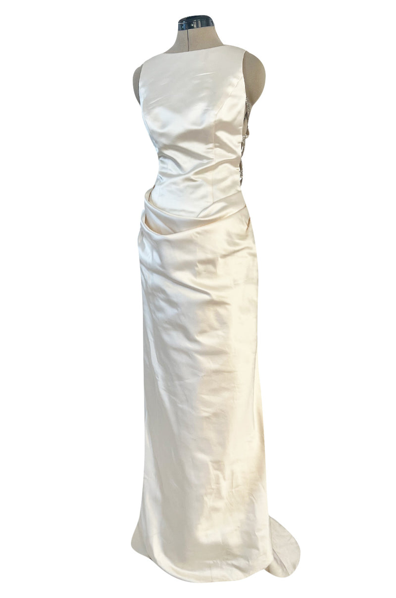 2000s Oleg Cassini Couture Ivory Silk Satin Wedding Dress w Open Beaded Sides & Train