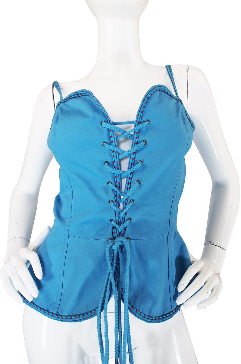 Rare 1970s Yves Saint Laurent Blue Safari Corset Top